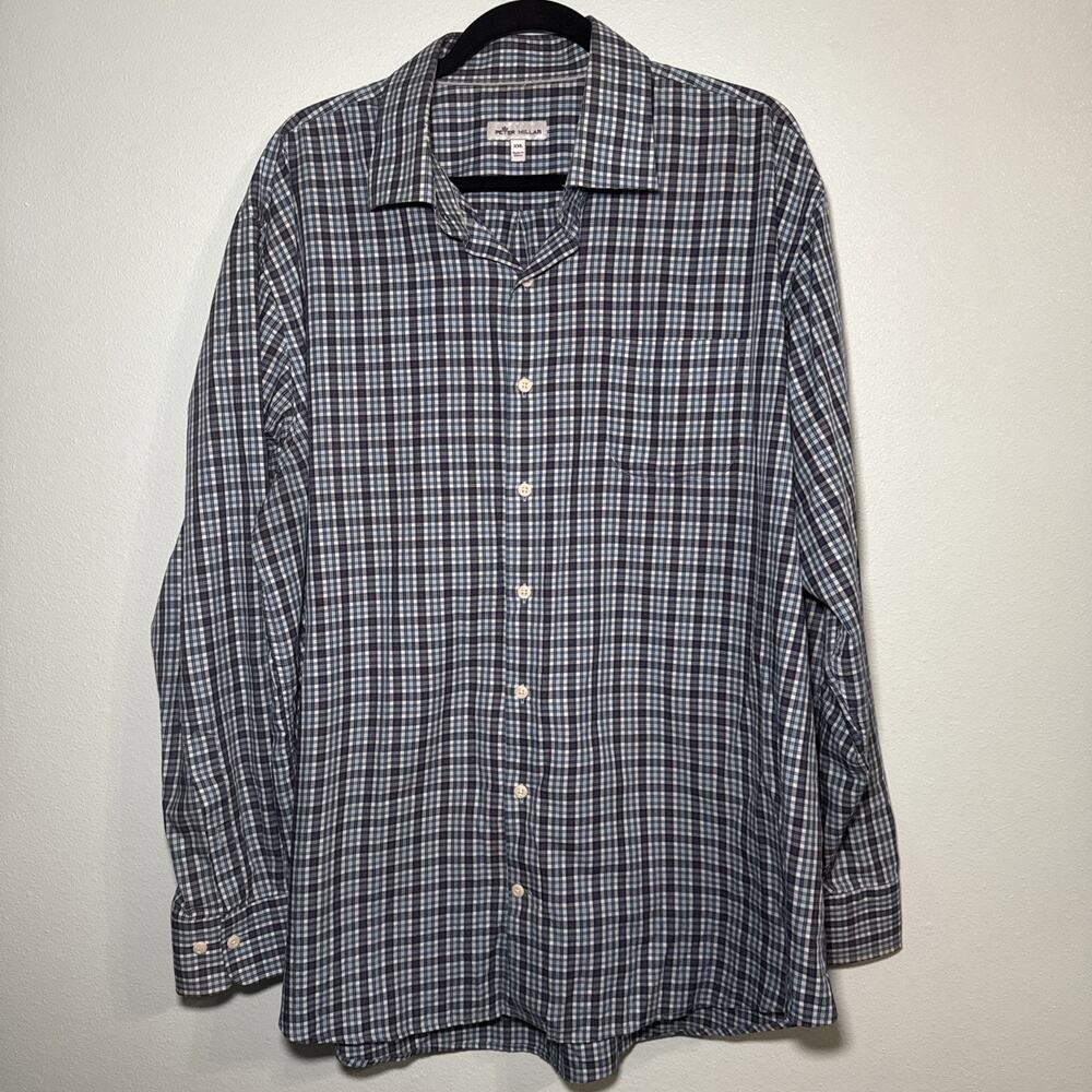 Peter Millar Shirt Mens 2XL Blue Red Plaid Button Down Long Sleeve Cotton Pocket